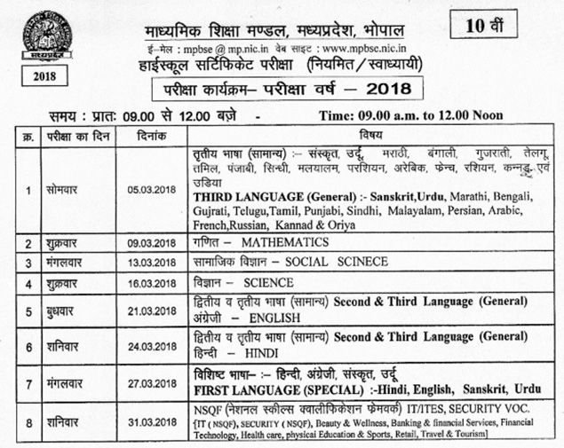 MPBSE Class 10 HSC Time Table