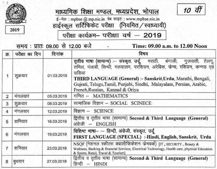 MP Board Class 10 Time Table 2019