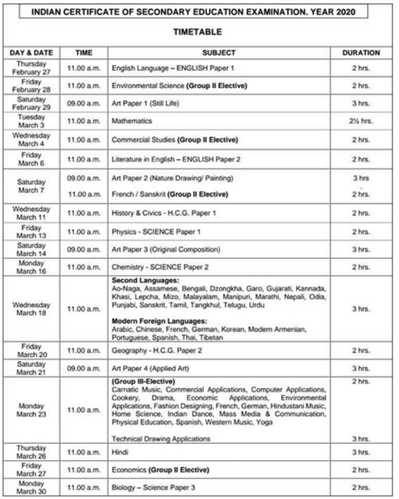 ICSE 2020 Date Sheet