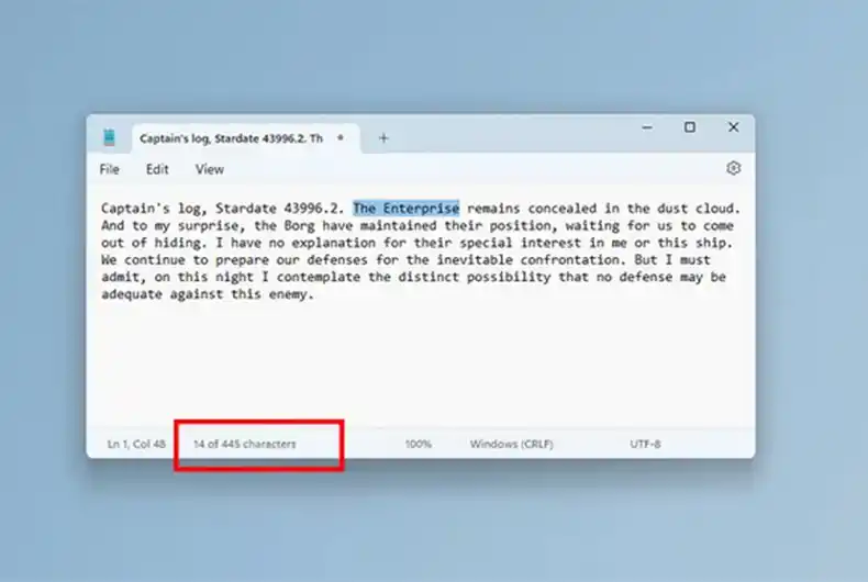 Notepad in Windows 11 now counts characters as you type