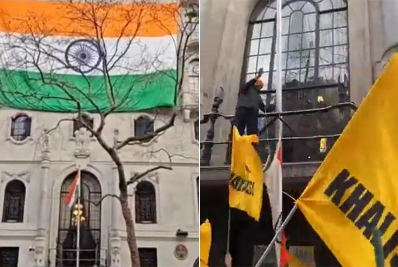 Tricolour pulled down from Indian High Commission London amid violent protests